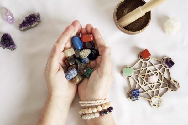 Healing chakra crystal grid therapy. Rituals with gemstones for wellness, healing, meditation, destress, relaxation, mental health, spiritual practices. Energetical power concept